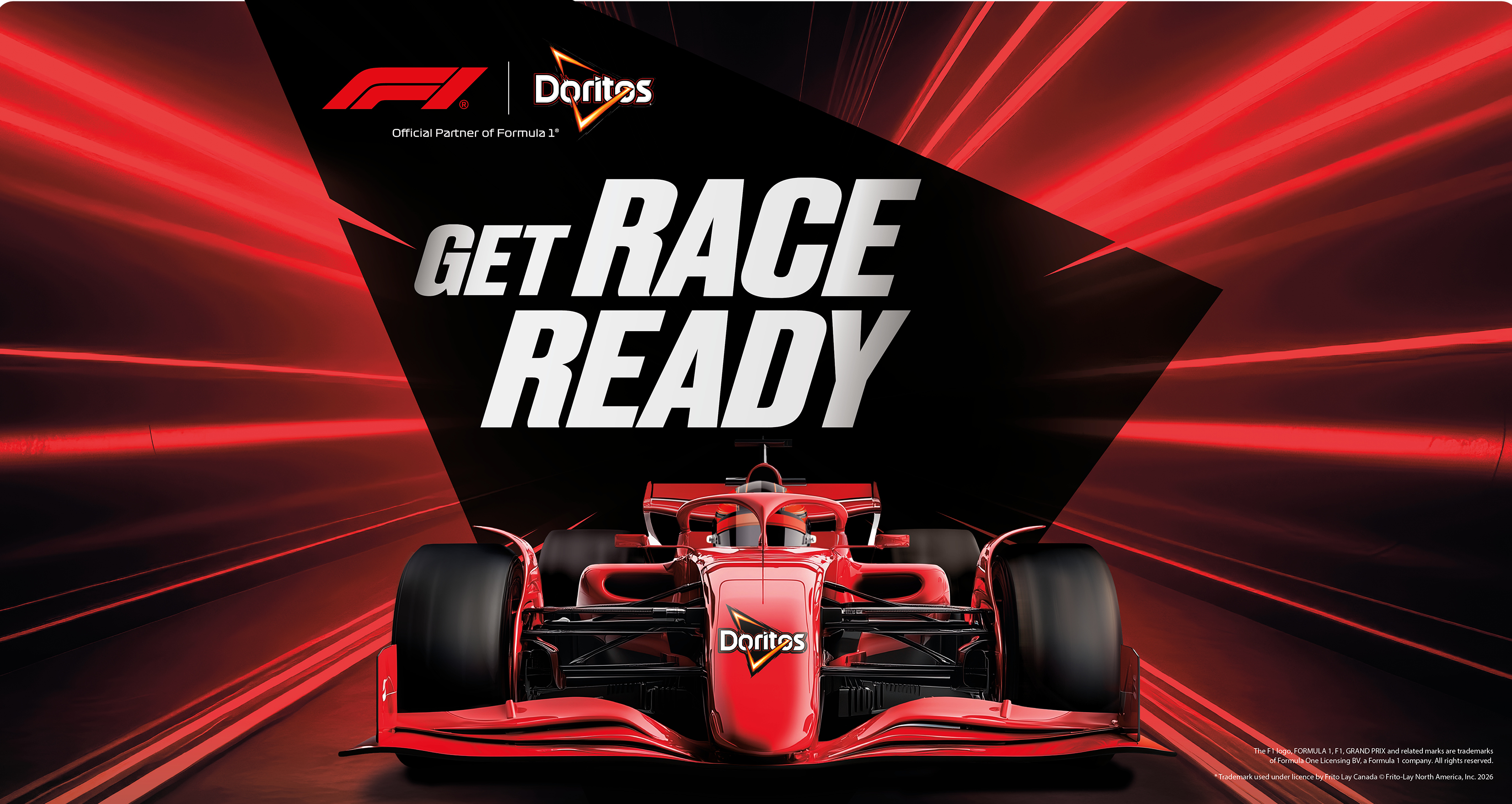F1 race car with Doritos branding against a red motion background, with the headline “Get Race Ready” and F1 official partner logo displayed.